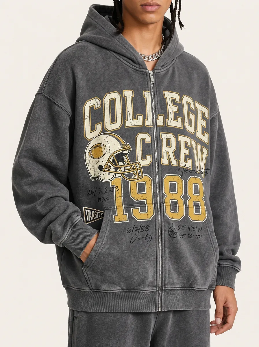 Men's College Crew Football 1988 Varsity Printed Zip-up Hoodie