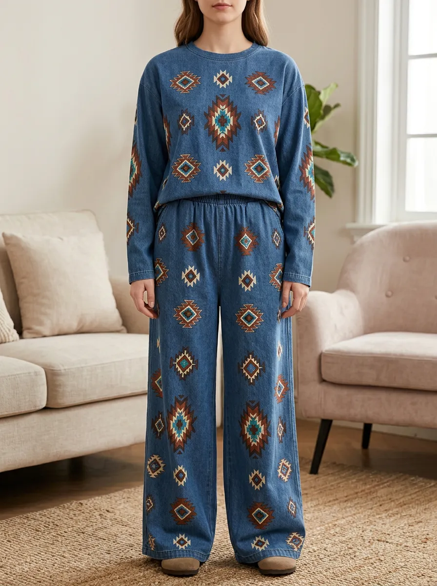 Women's Western Aztec Geometric Printed Long Sleeve Coordinated Lounge Set