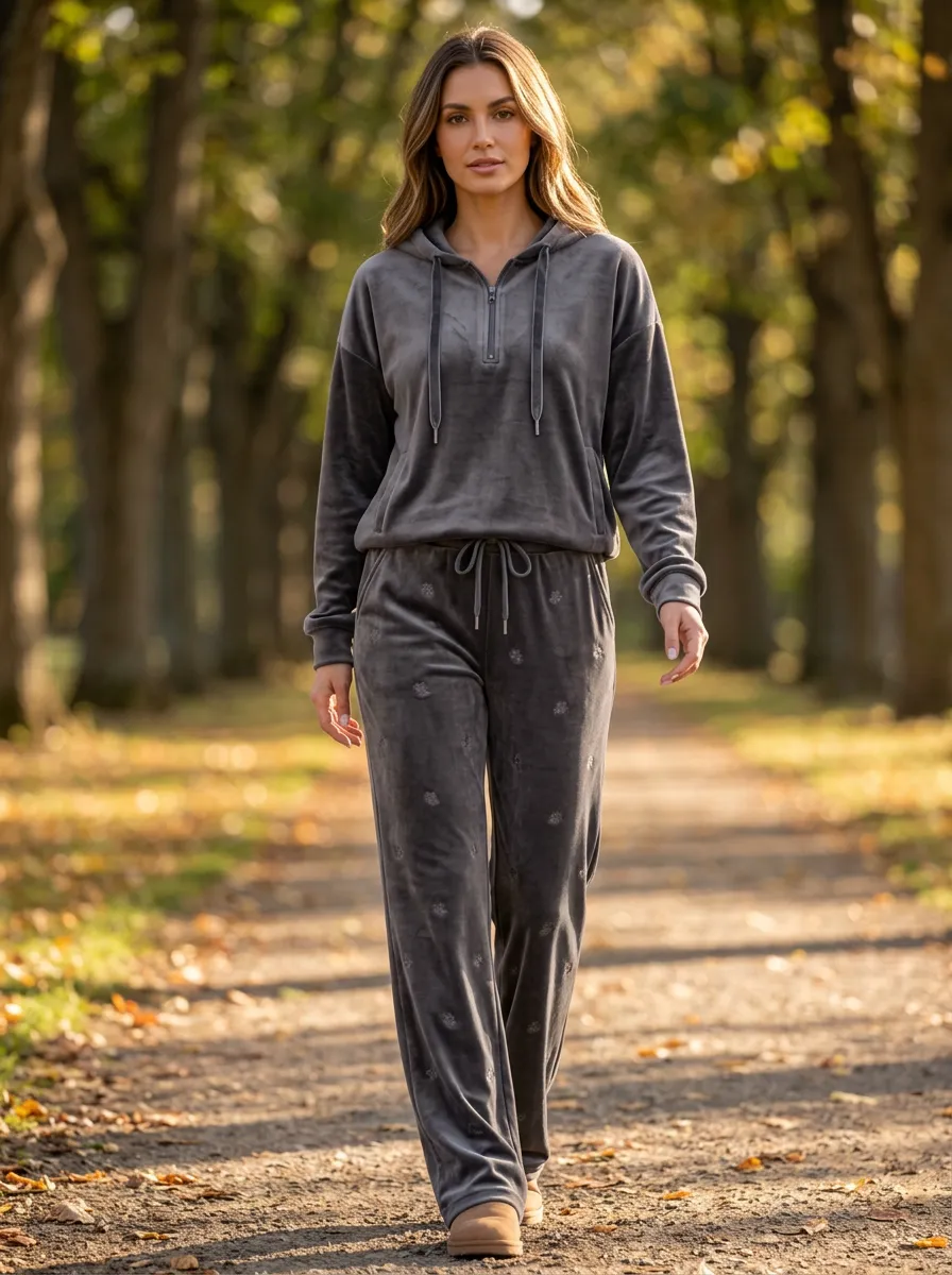 Women's Grey Velour Floral Embroidered Quarter-Zip Hoodie Lounge Set
