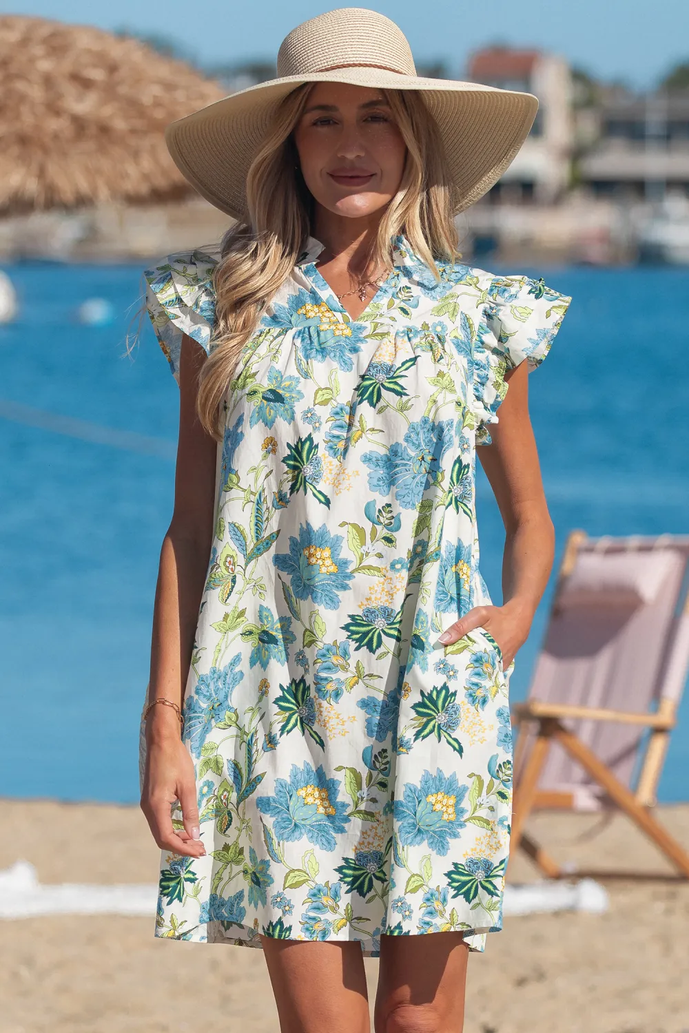 Beige Floral Ruffle Sleeve Dress