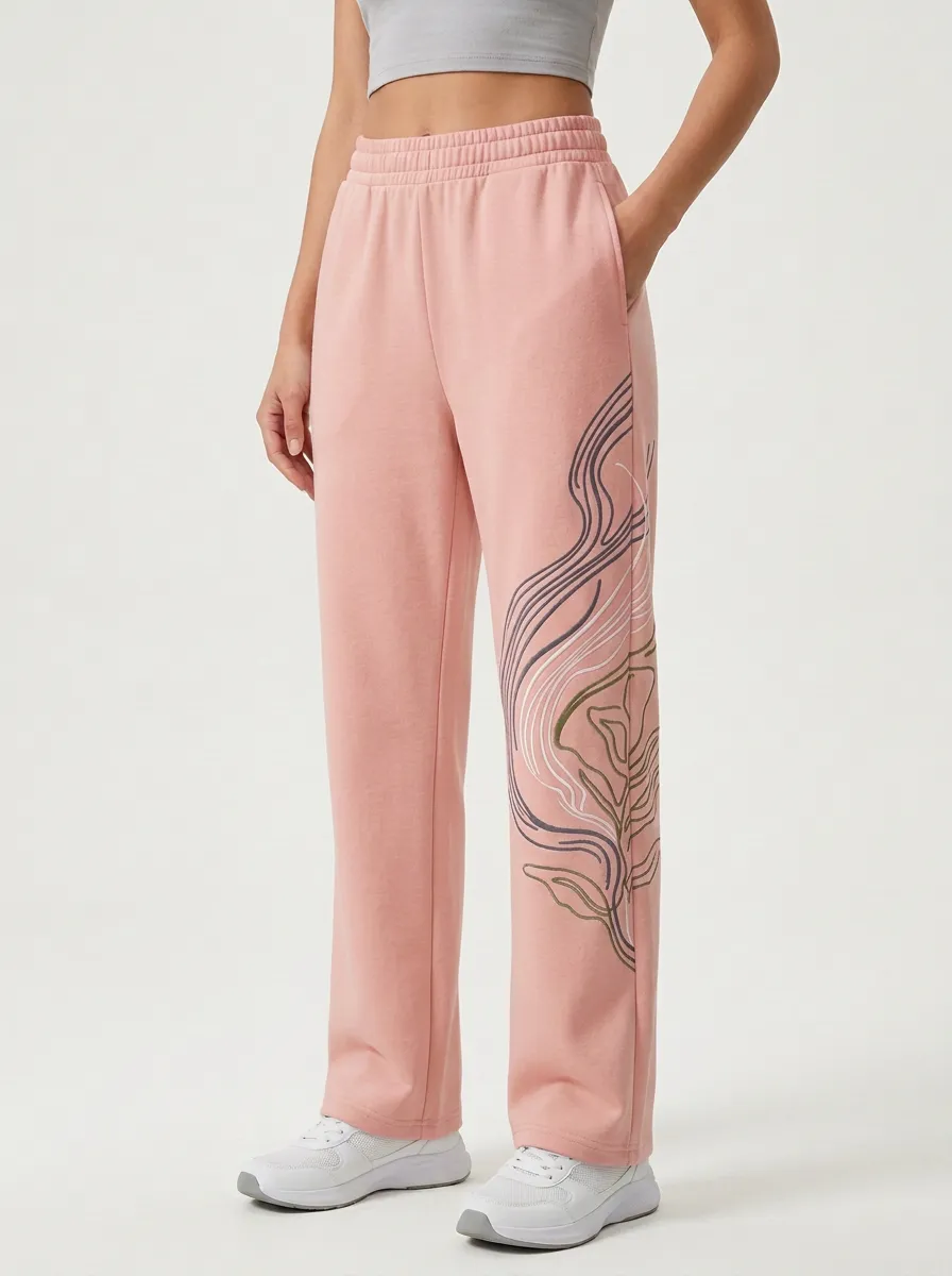 Women's Beige Abstract Line Print Wide-Leg Sweatpants