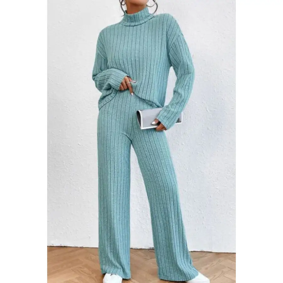 Mock Neck Dropped Shoulder Top and Pants Set