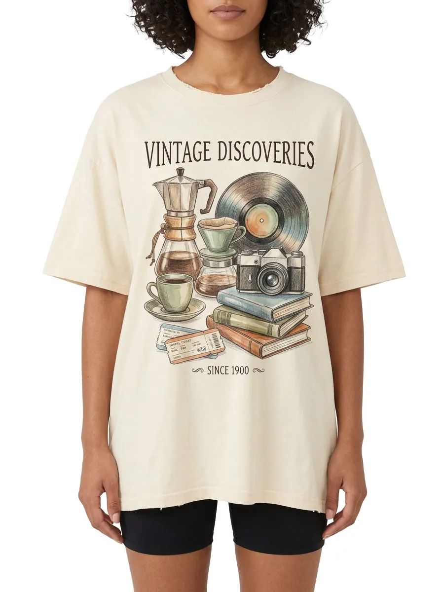 Women's Unisex Vintage Discoveries Coffee Vinyl Camera Graphic T-Shirt
