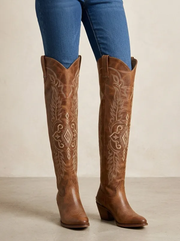Women's Tan Distressed Tonal Embroidered Floral Embroidered Western Over-the-Knee Boots
