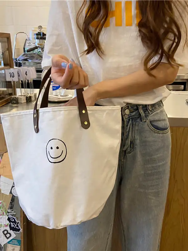 Vintage Canvas Smiling Face Printed Makeup Tote Bag Bucket