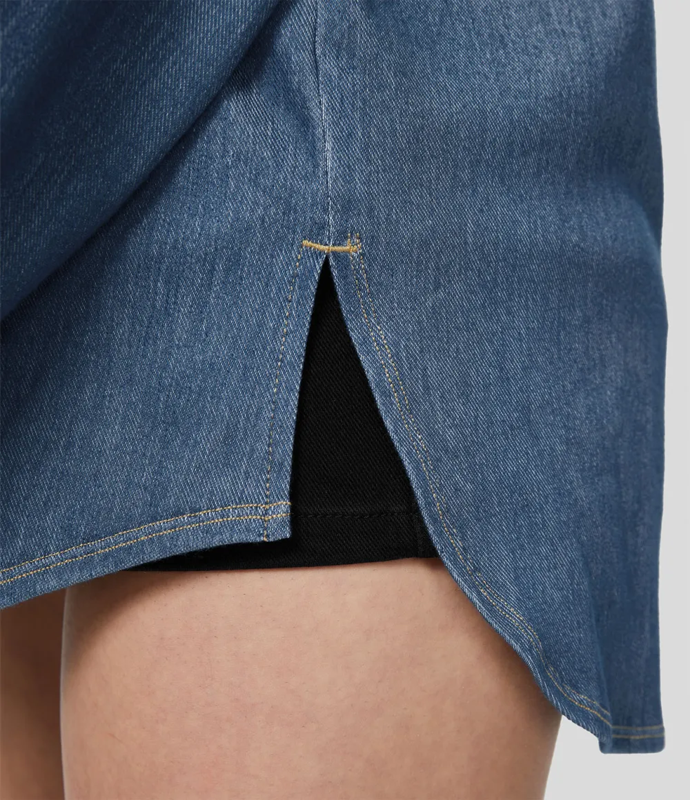 Magic Collared Multiple Pockets Button Front Split Curved Hem Stretchy Knit Denim Work Oversize Jacket