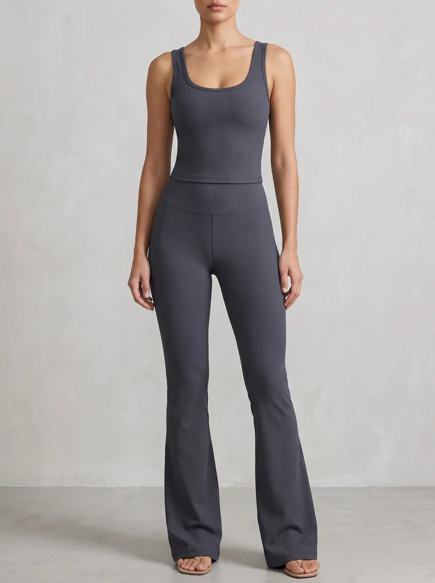 Women's Vintage Inspired Ribbed Yoga Inspired Fitness Inspired Tank Top and Flare Pants Active Set