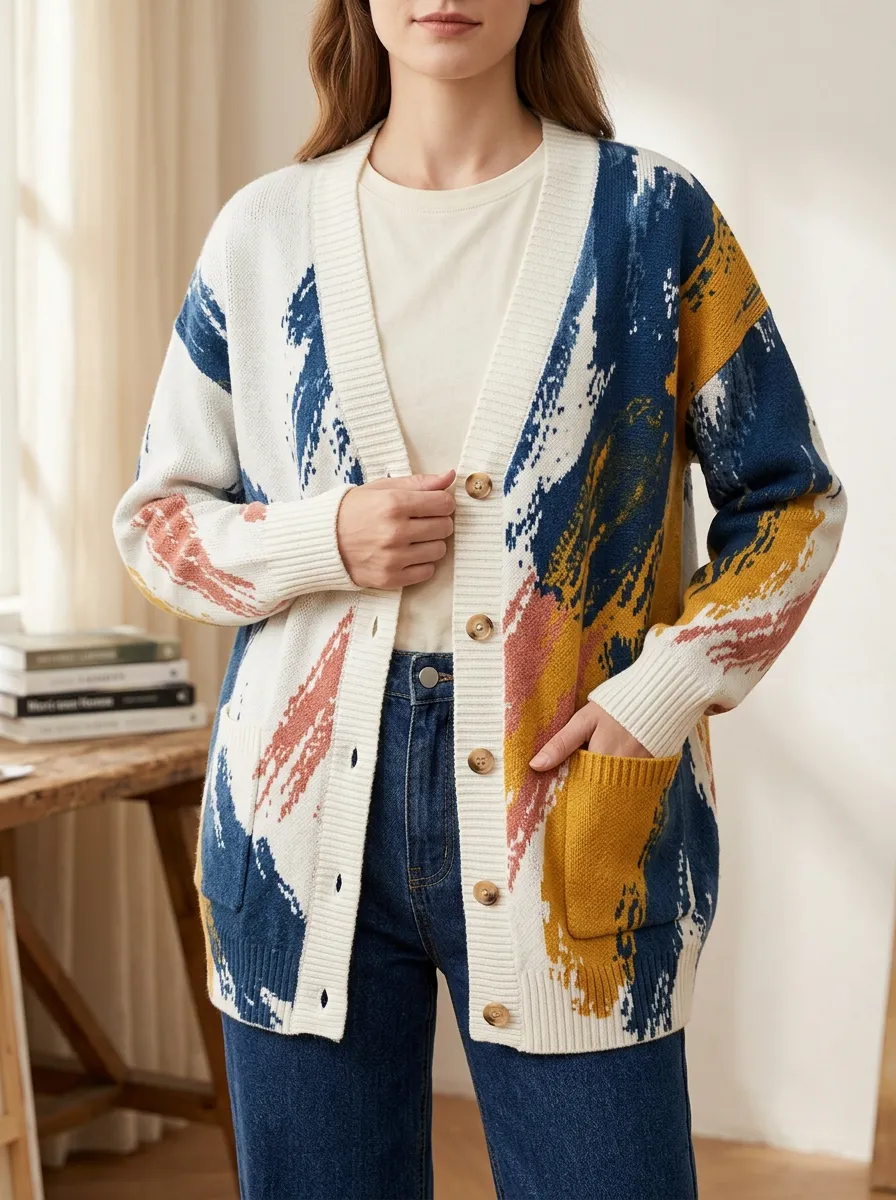 Women's Abstract Brushstroke Pattern Printed Long Sleeve Relaxed Weekend Cardigan