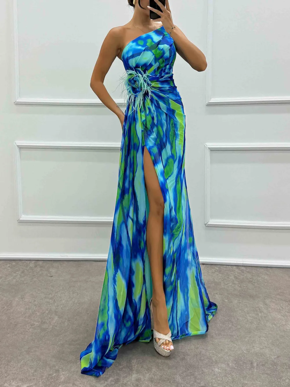 Painted Floral Print Feather Maxi Dress