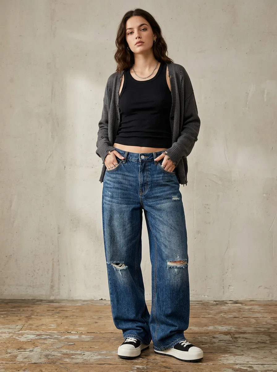 Women's Casual Streetwear Distressed Wide Leg Denim Jeans