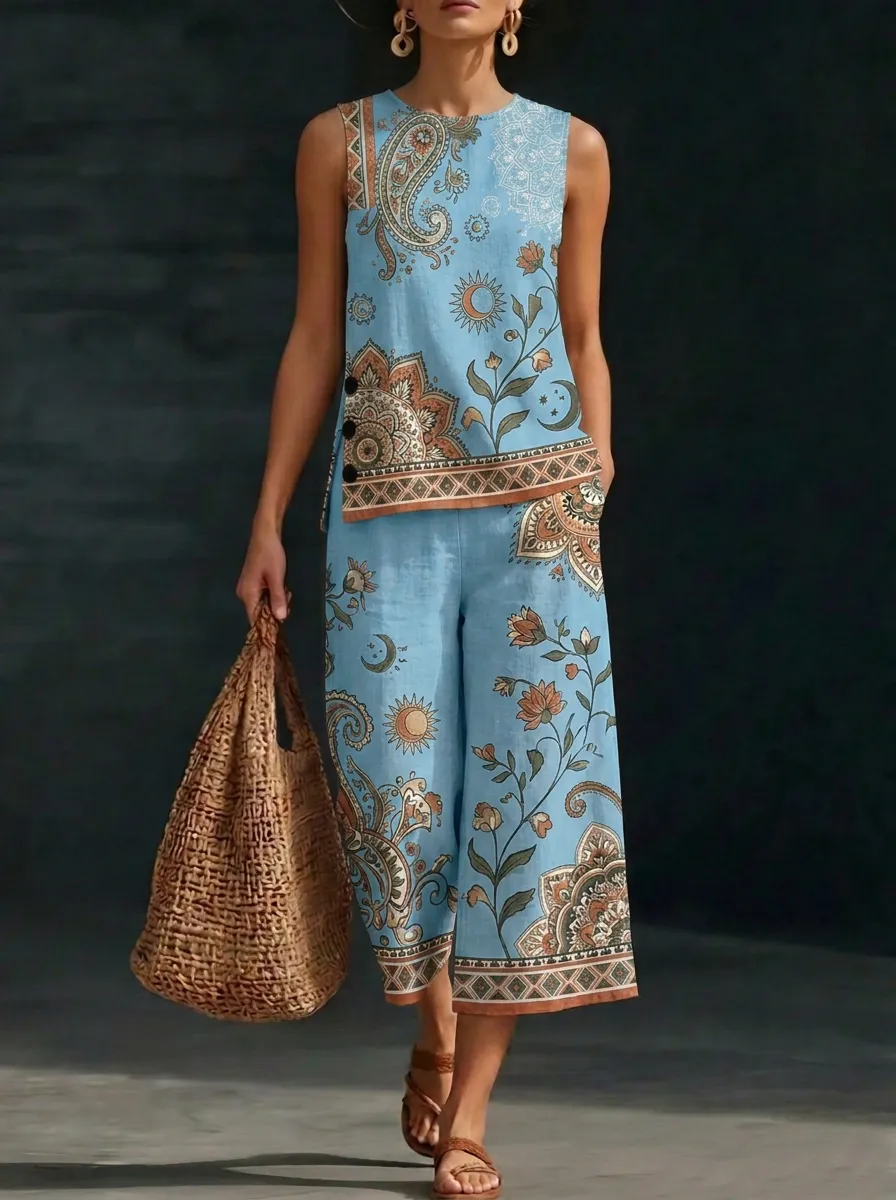Women's Boho Paisley Floral Sun Moon Printed Sleeveless Set