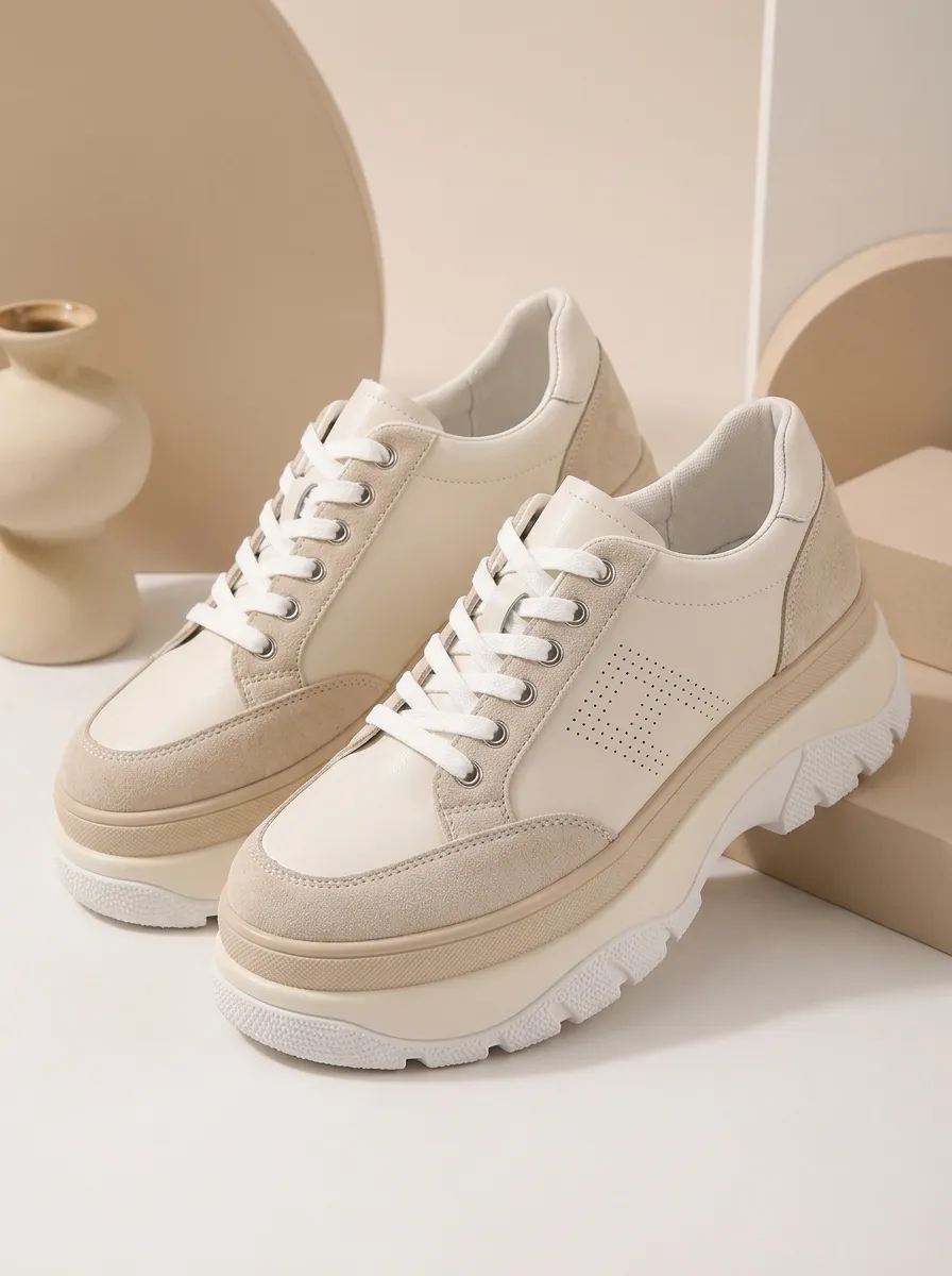 Lace-Detail Perforated Lace-Up Low-Top Women's Chunky Platform Shoes