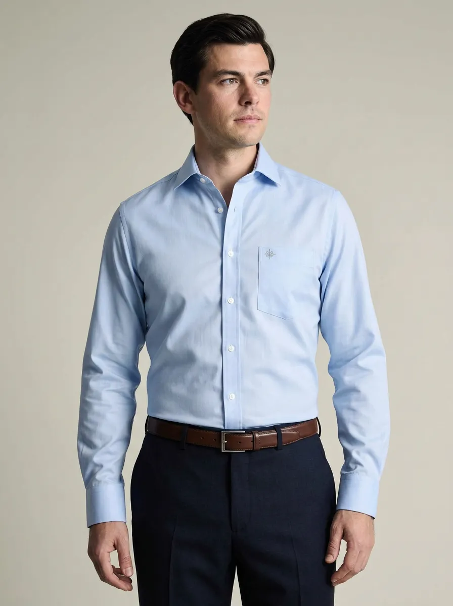 Men's Smart-Casual Light Blue Embroidered Pocket Non-Iron Cotton Shirt
