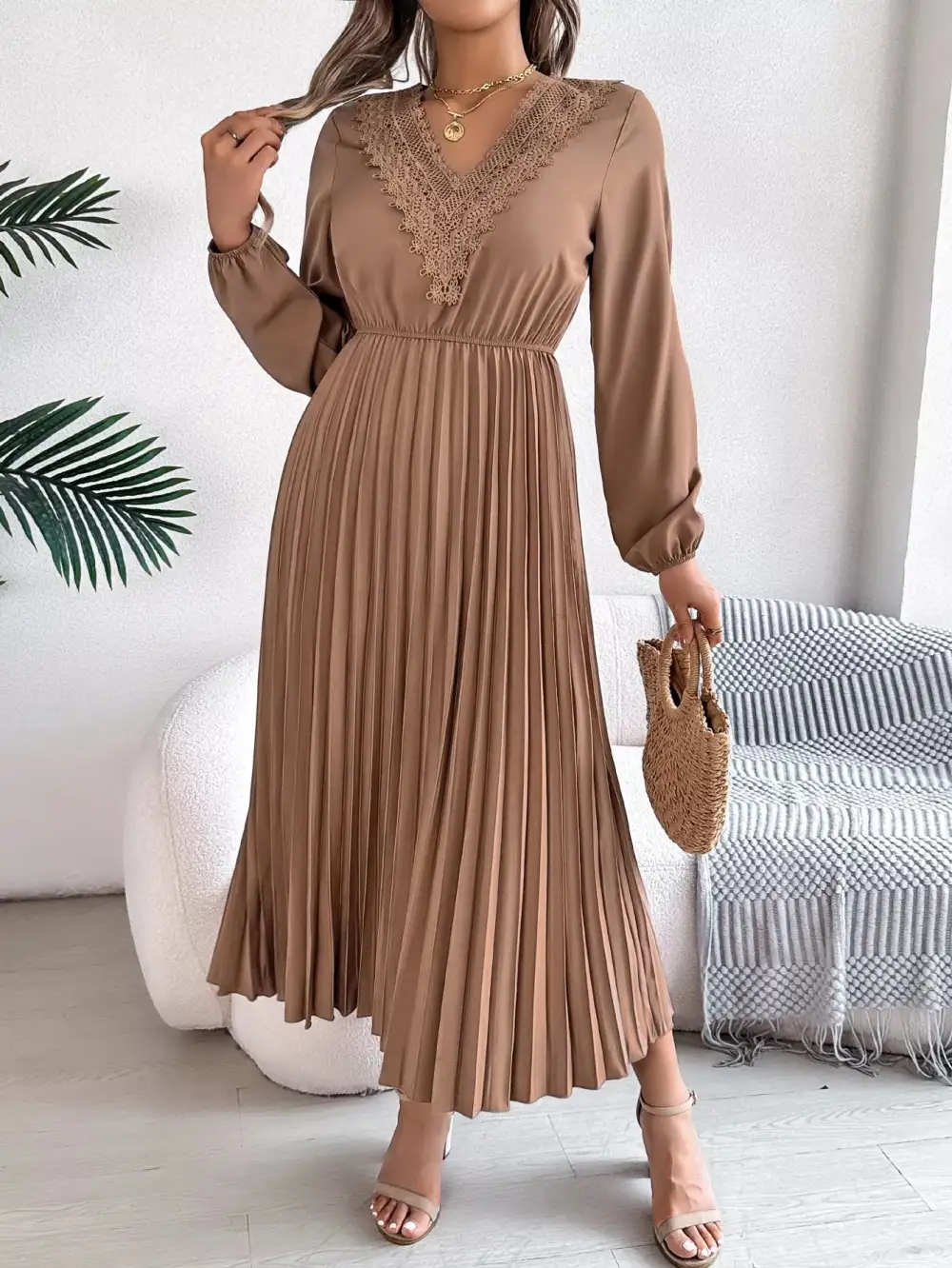 Lace V Neck Pleated Dress Casual