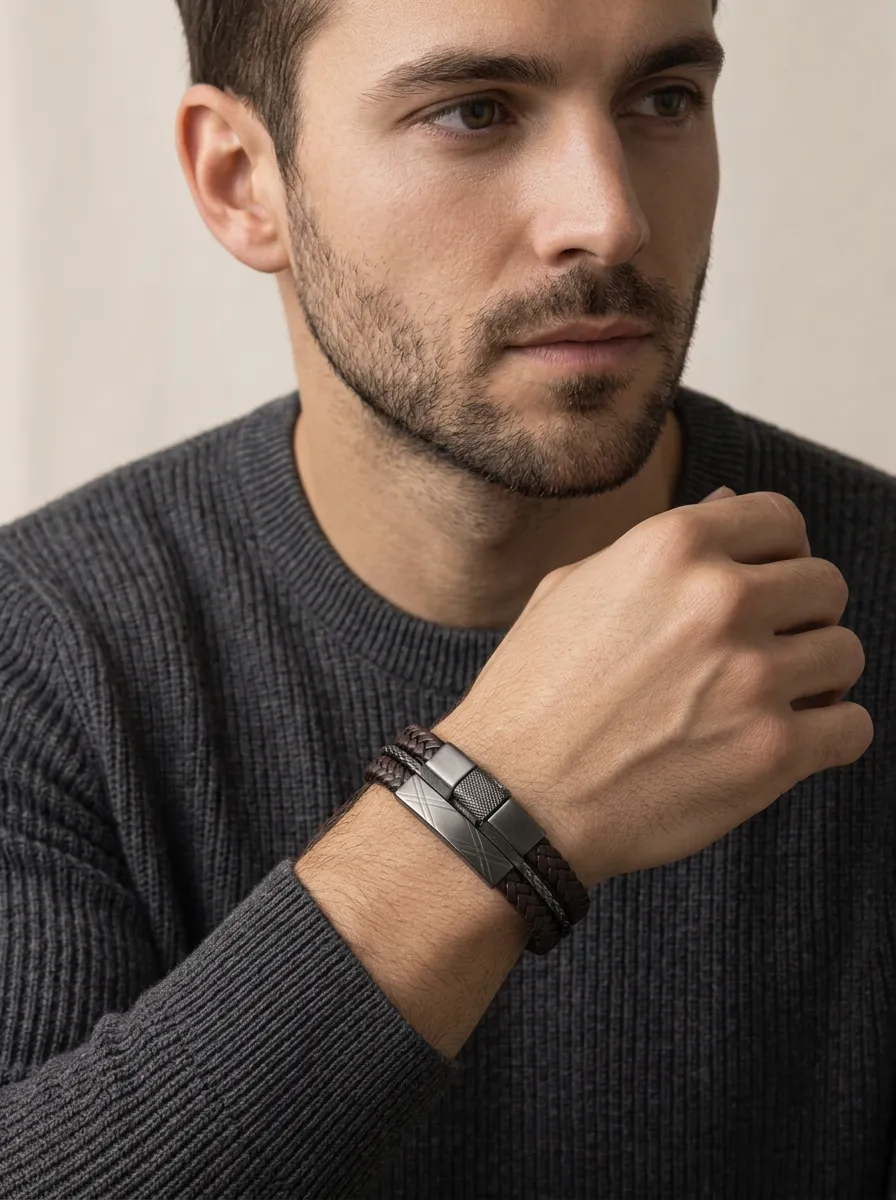 Men's Braided Leather Stainless Steel Magnetic Clasp Bracelet