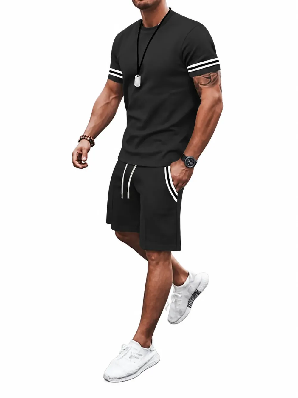 Men's Two-Piece Set: Color-Contrast Trim T-Shirt and Drawstring Shorts