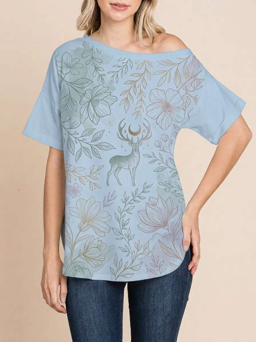 Women's Boho Nature Lover Celestial Deer Floral Printed Top