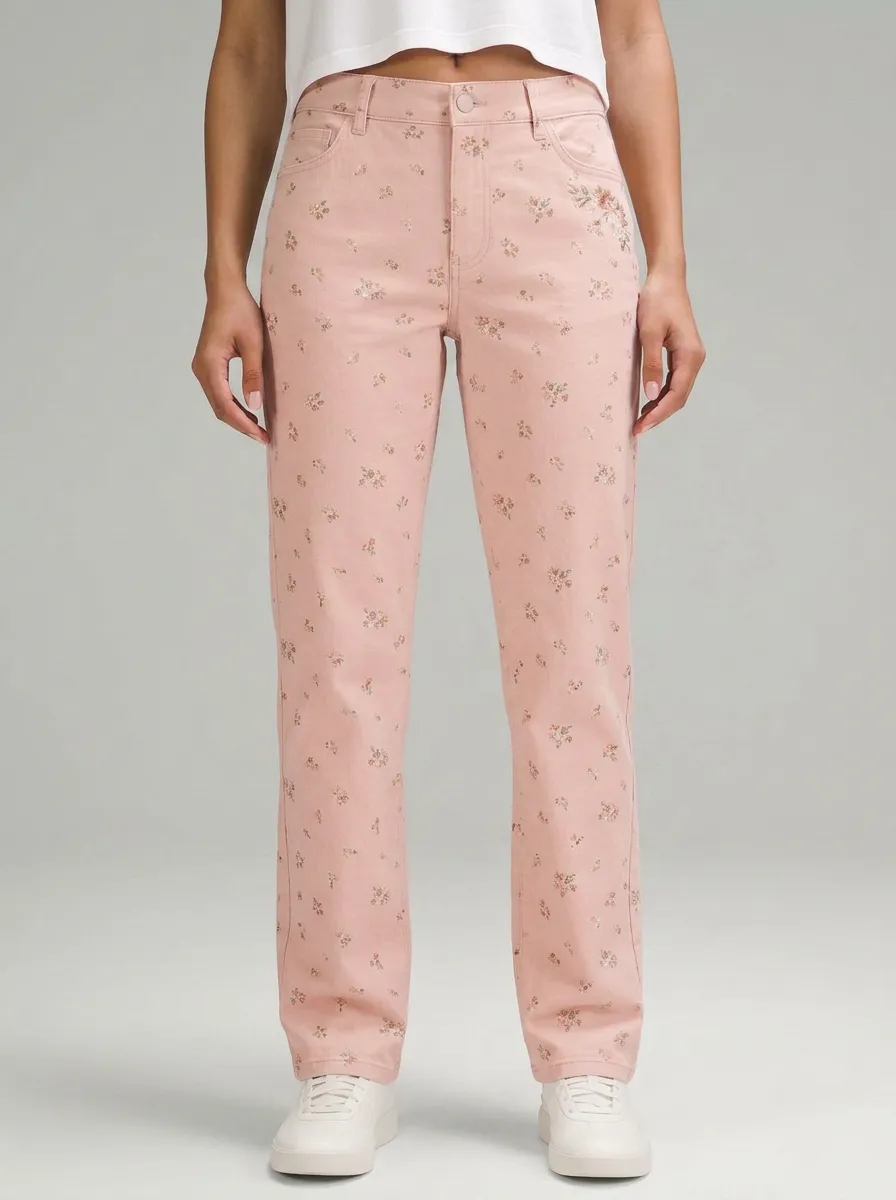Women's Floral Pattern Beige Printed Mid-Rise Straight Leg Pants
