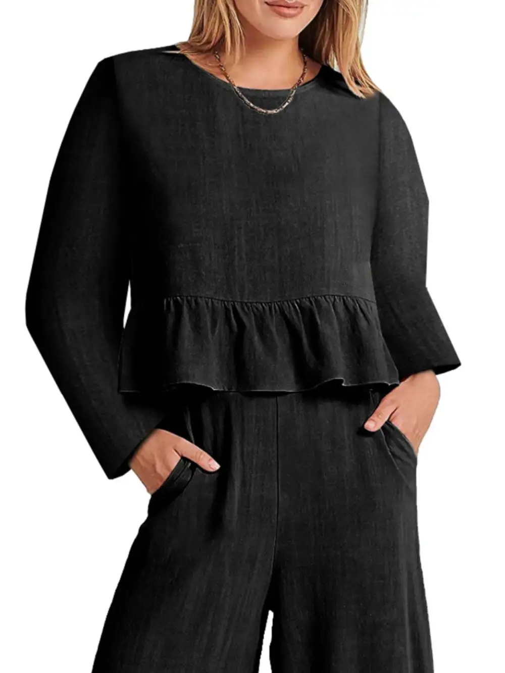 Ruffled Hem Long Sleeve Top and Pants Set