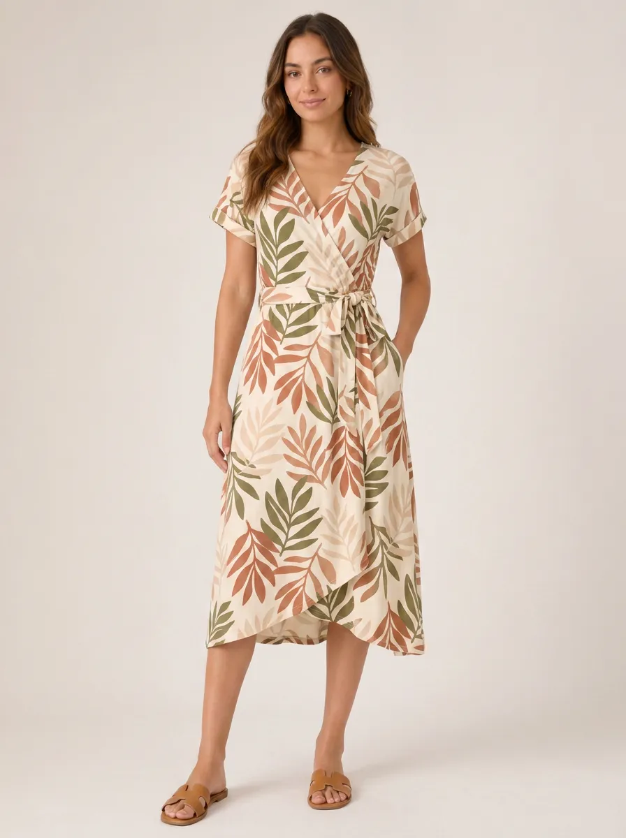Women's Tropical Botanical Leaf Wrap Dress