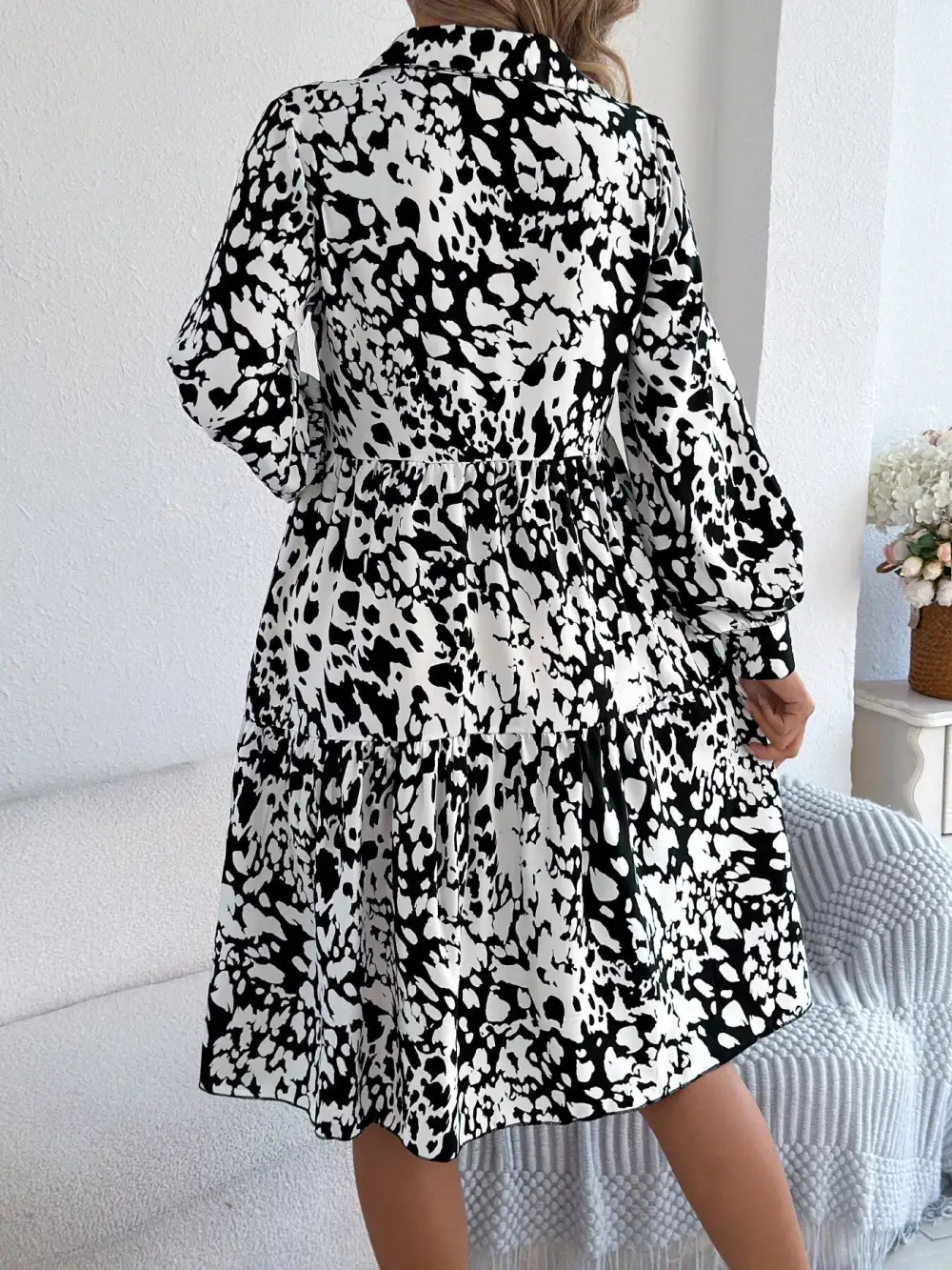 Printed Long Sleeve Collared Dress Casual