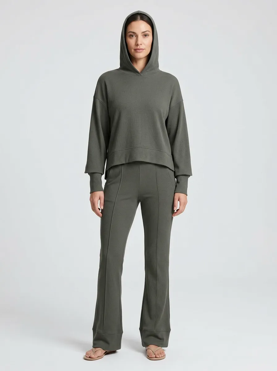 Women's Olive Green Solid Color Hoodie and Flare Pants Set
