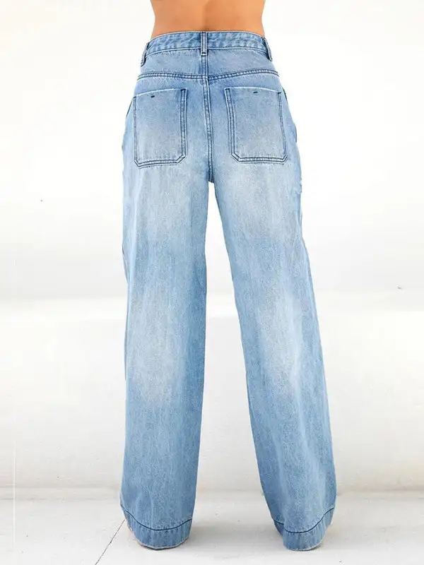 Wide-Leg Pocketed Straight Leg Jeans