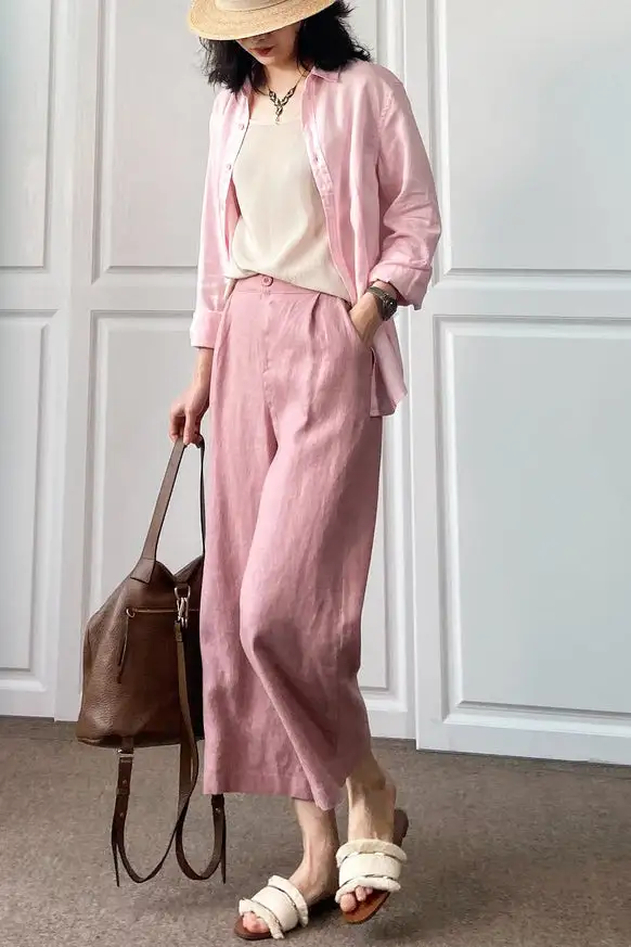 Elevated Linen Cotton Wide Leg Elastic Waist Pocketed Trousers