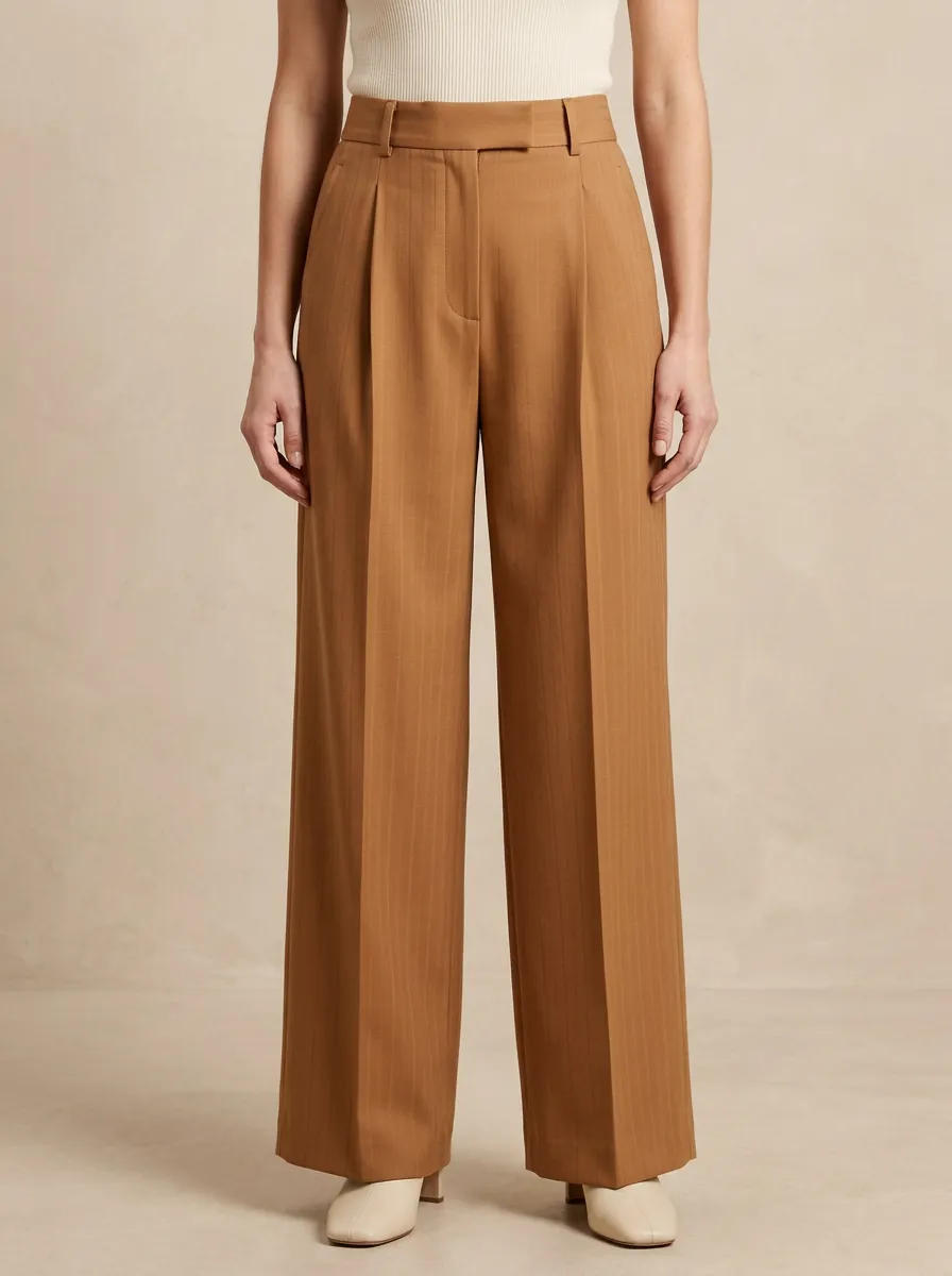 High Rise Pinstripe Pleated Wide Leg Trousers