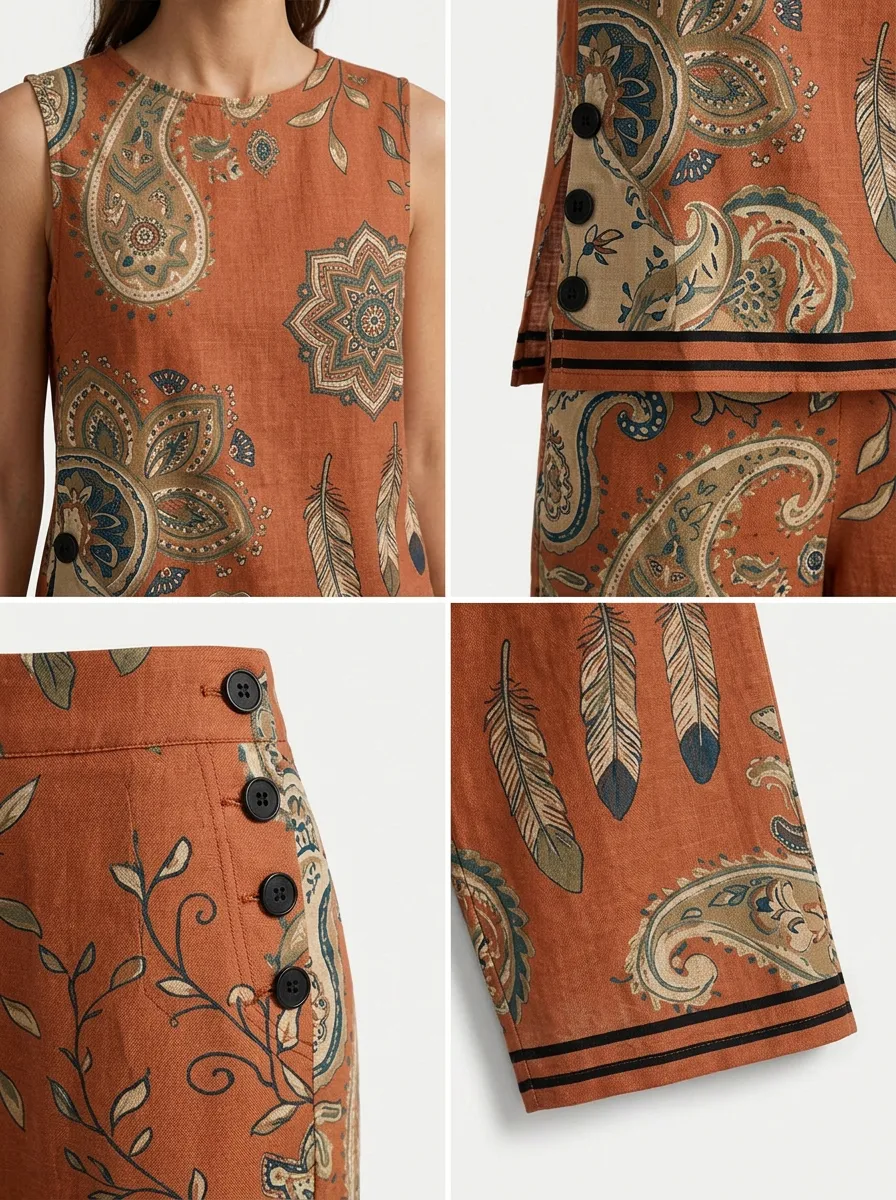 Women's Bohemian Paisley Feather Printed Sleeveless Set