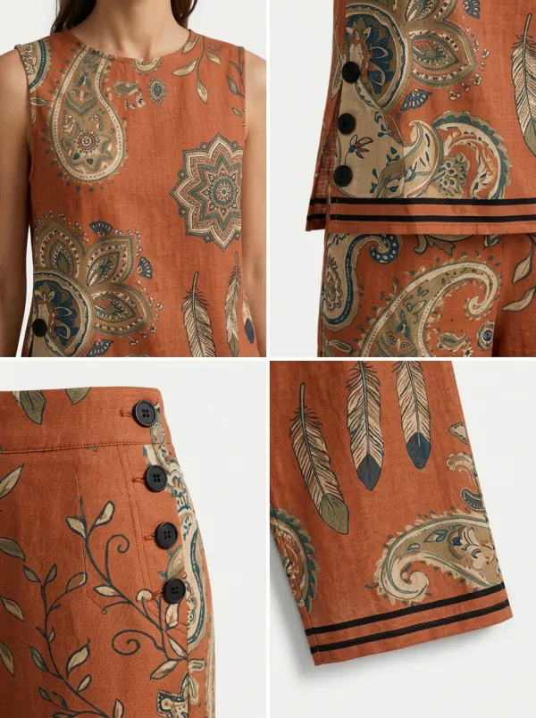 Women's Bohemian Paisley Feather Printed Sleeveless Set