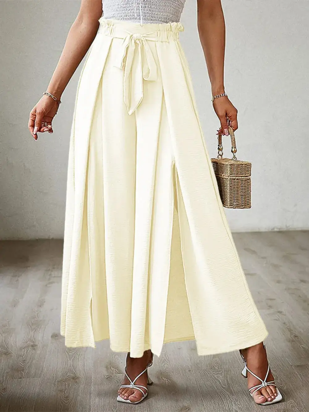 Wide Leg Tie Waist Slit Detail Everyday Pants
