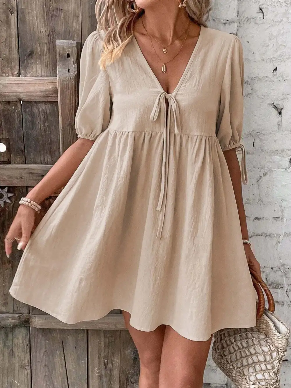 V Neck A Line Mini Dress
