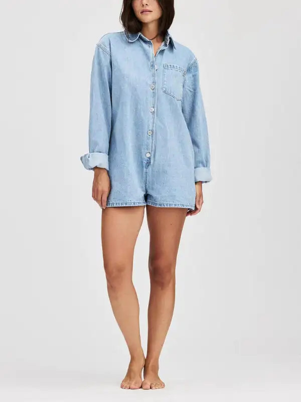Lapel Long Sleeve Shorts Jumpsuit Denim Pants
