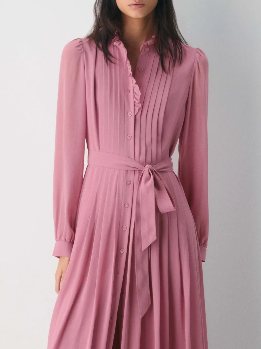Tied Pleated Button Up Dress