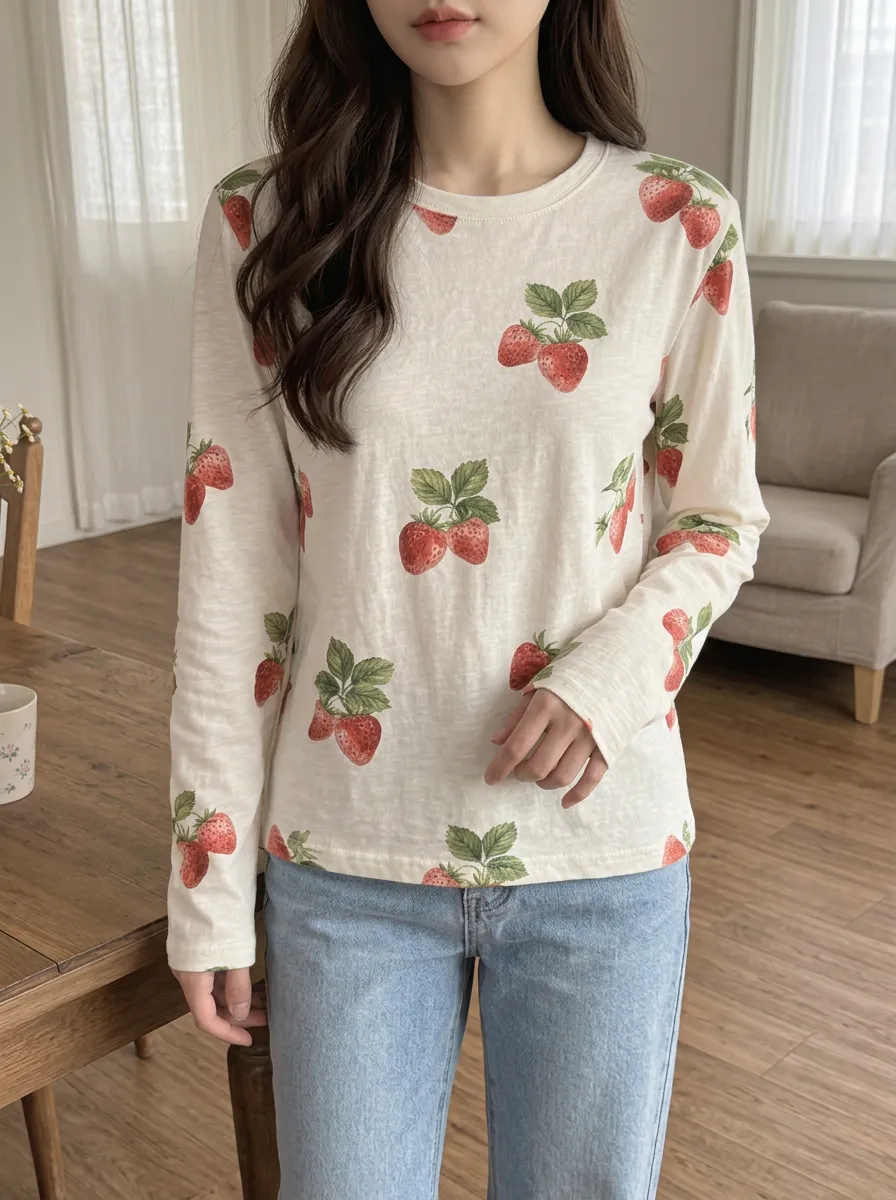 Women's Sweet Style Strawberry Pattern Printed Long Sleeve T-shirt