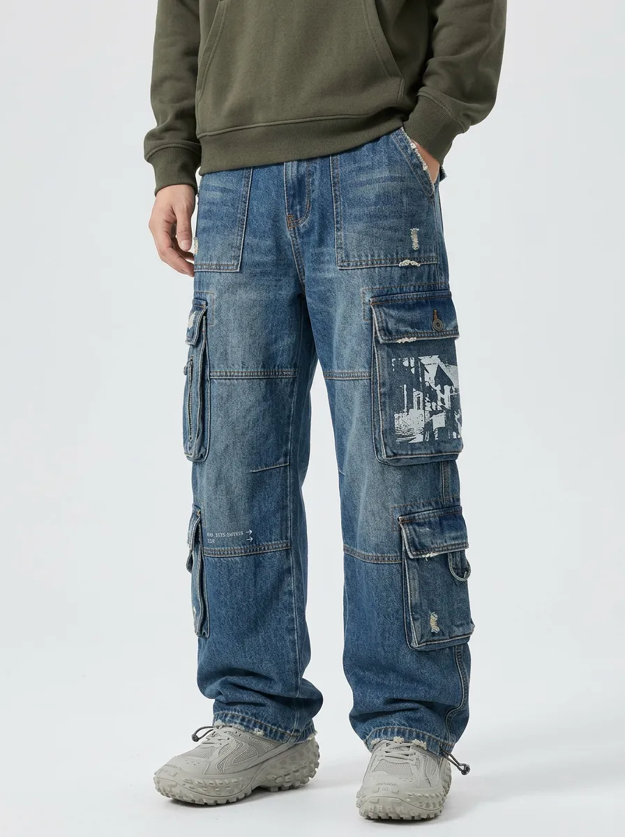 Men's Streetwear Graphic Distressed Cargo Pants