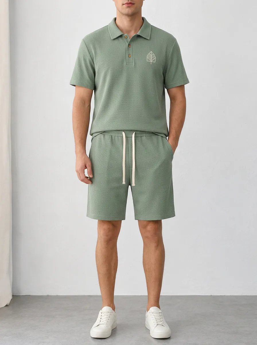 Men's Minimalist Leaf Waffle Knit Printed Polo Shirt