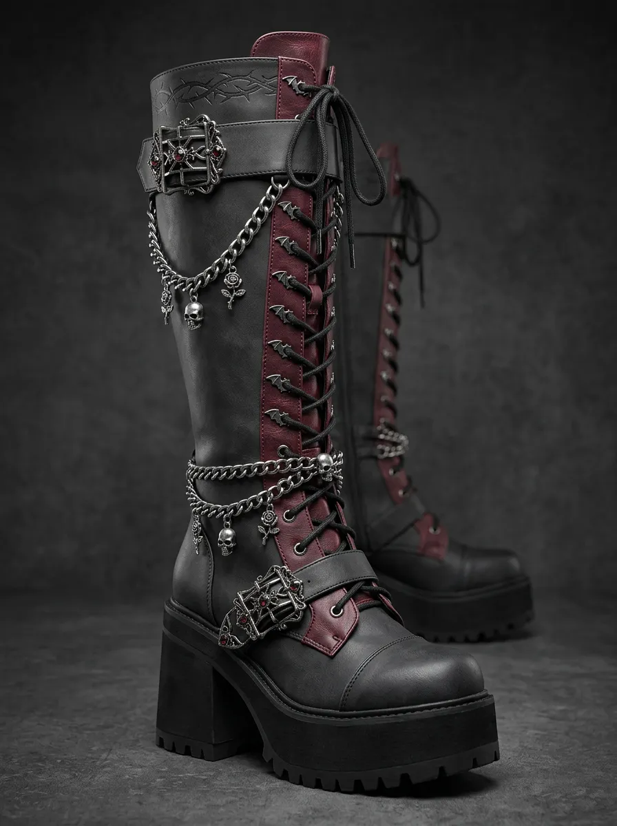 Darkwear Skull Rose Chain Alternative Look Women's Gothic Platform Boots
