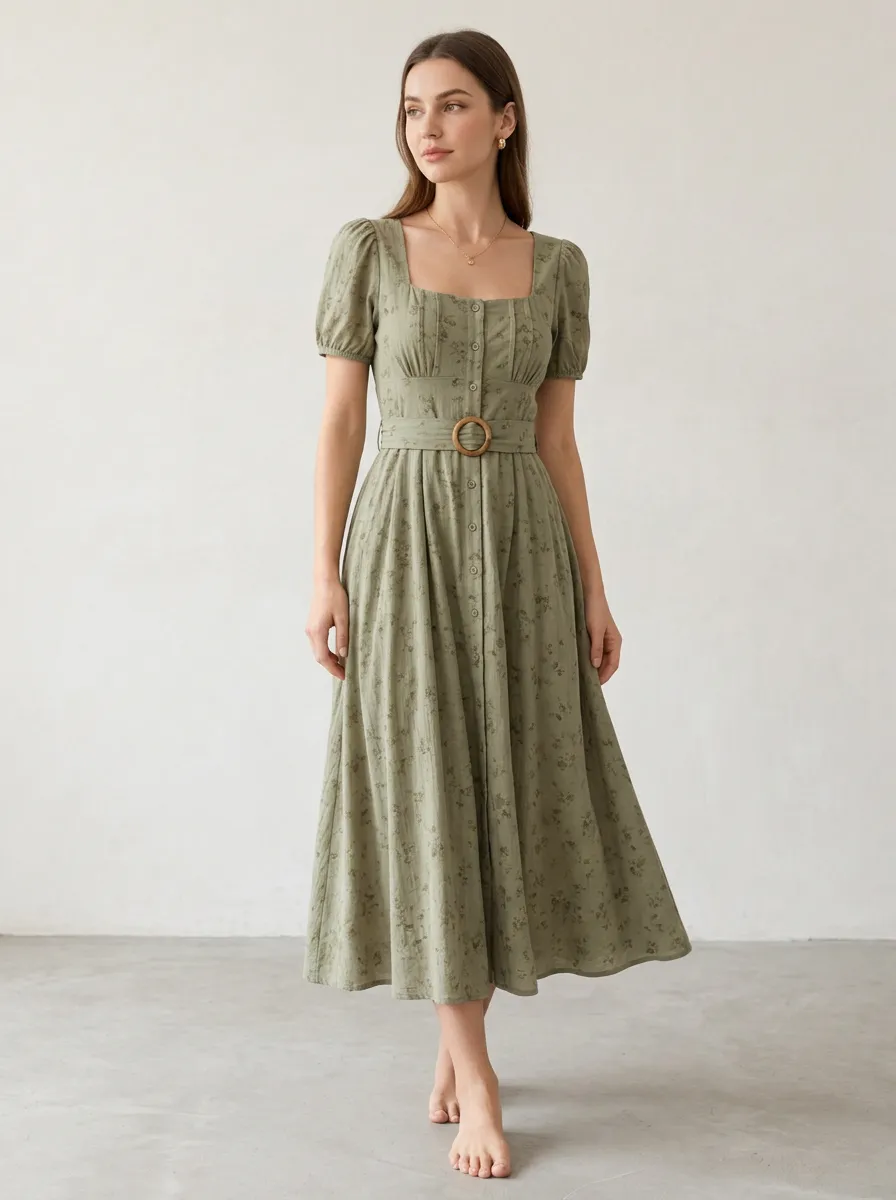 Women's Vintage Floral Sage Green Belted Puff Sleeve Printed Dress