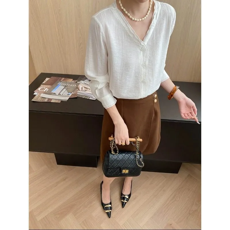 Comfort Double Layer Lace V Neck Loose Textured Shirt