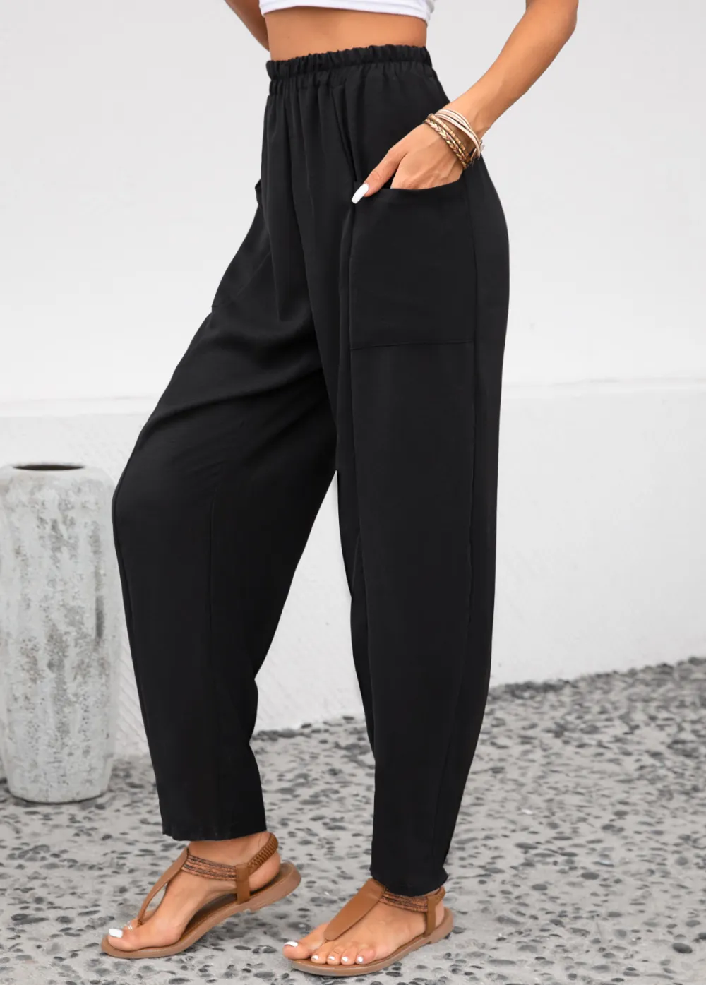 Black Pocket Elastic Waist High Waisted Pants