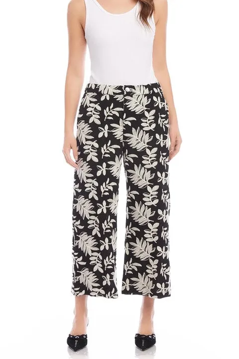 Women's Black Leaf Print Cropped Wide Leg Pants