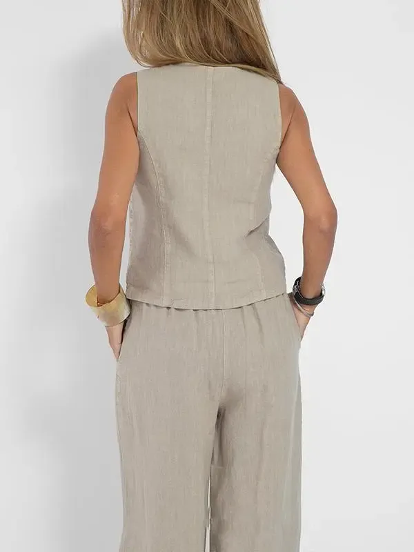 Fashion Vest Pants Collage Patchwork Cotton Hemp Casual Suit