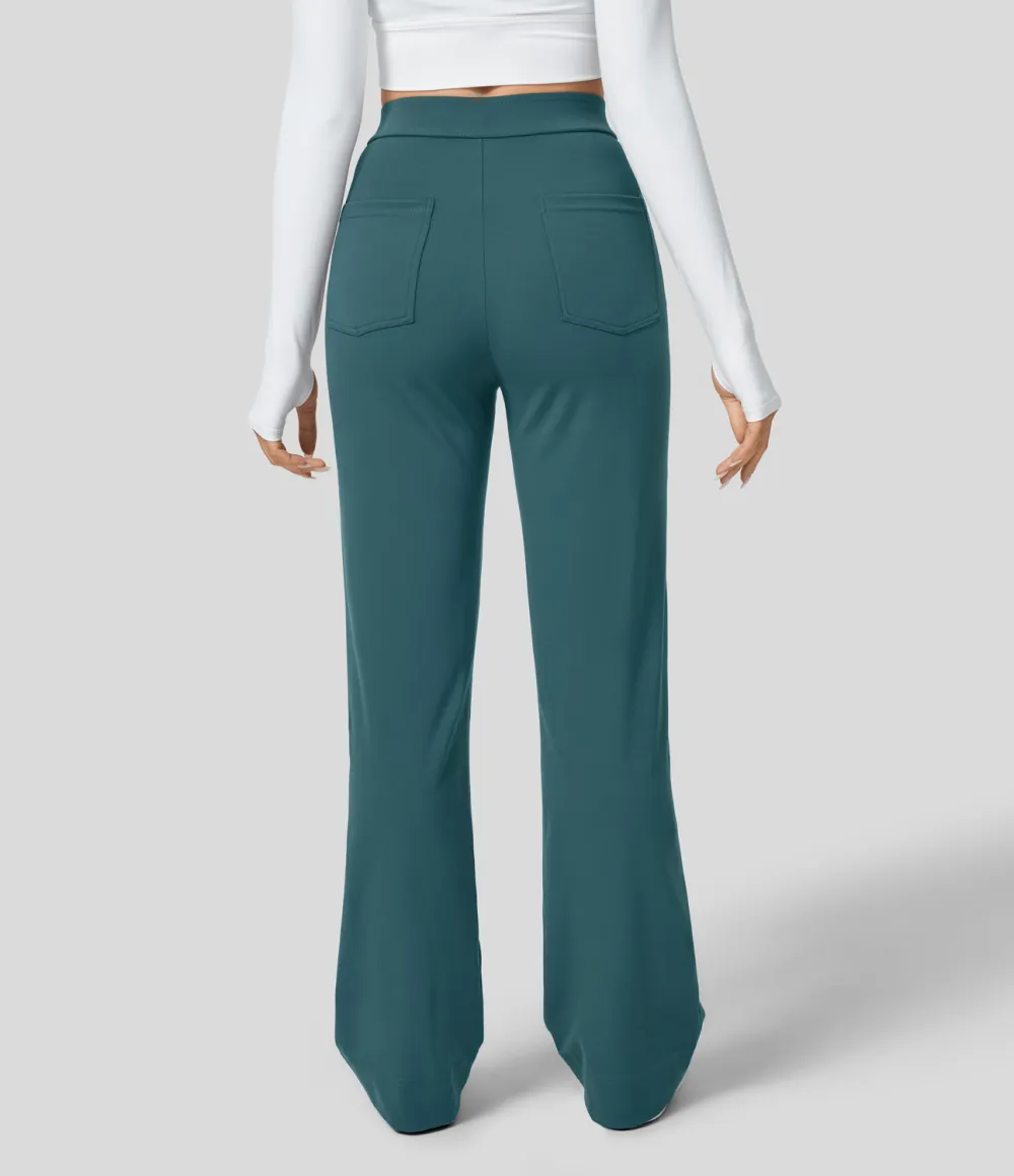 High Waisted Button Multiple Pockets Straight Leg Casual Pants