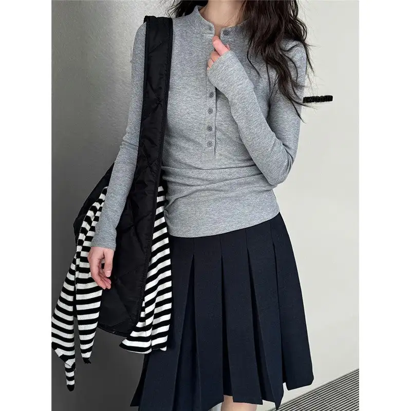 Minimal Slim Fit Single Button Long Sleeve T-Shirt