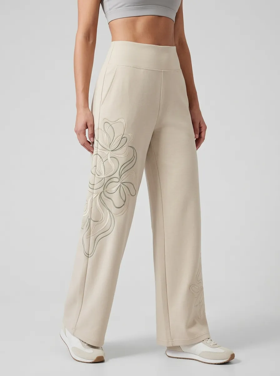 Women's Beige Floral Embroidered Wide-Leg Sweatpants