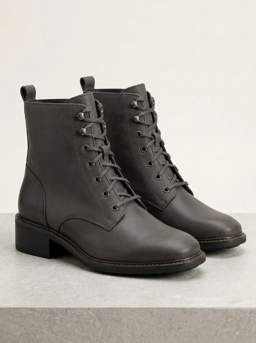 Women's Grey Leather Combat Ankle Boots