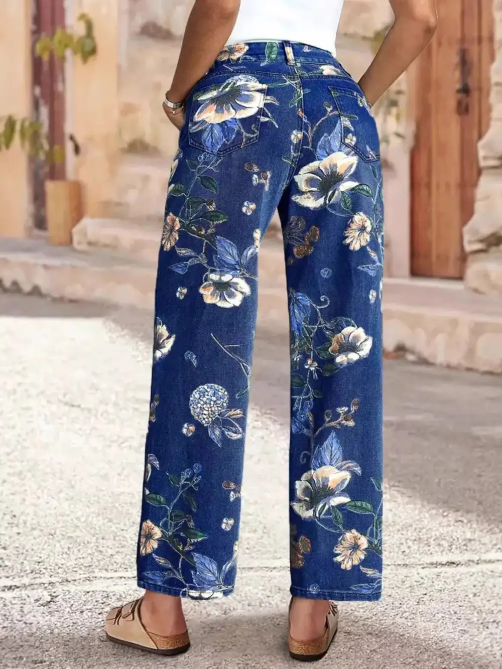 Floral Print Wide Leg Jeans Cropped For Women
