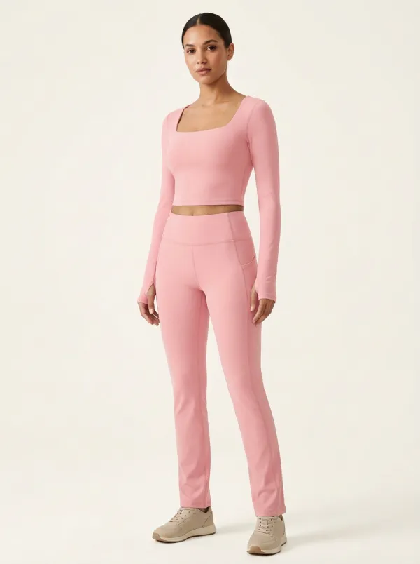 Women's Square-Neck Thumbhole Crop Top and Side-Pocket Legging Set